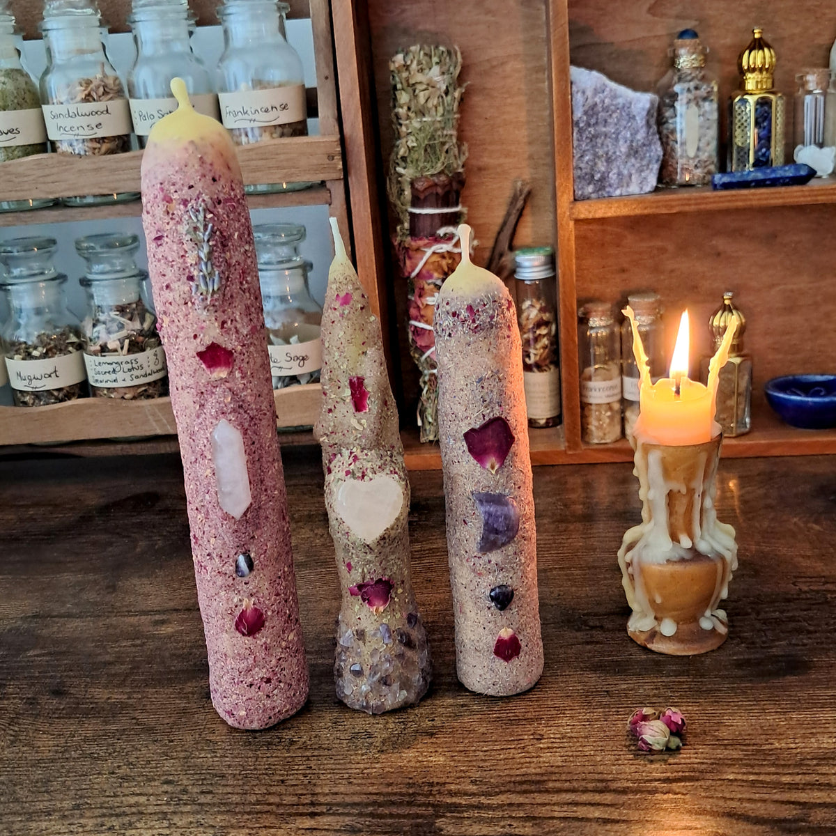 Rose & Lavender Beeswax Taper Candle Trio | with Rose Quartz & Amethyst