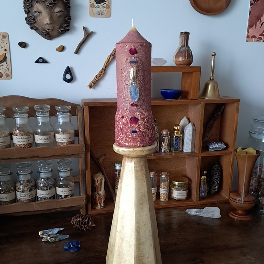 Kyanite & Rose Beeswax Pillar Candle | One-of-a-kind