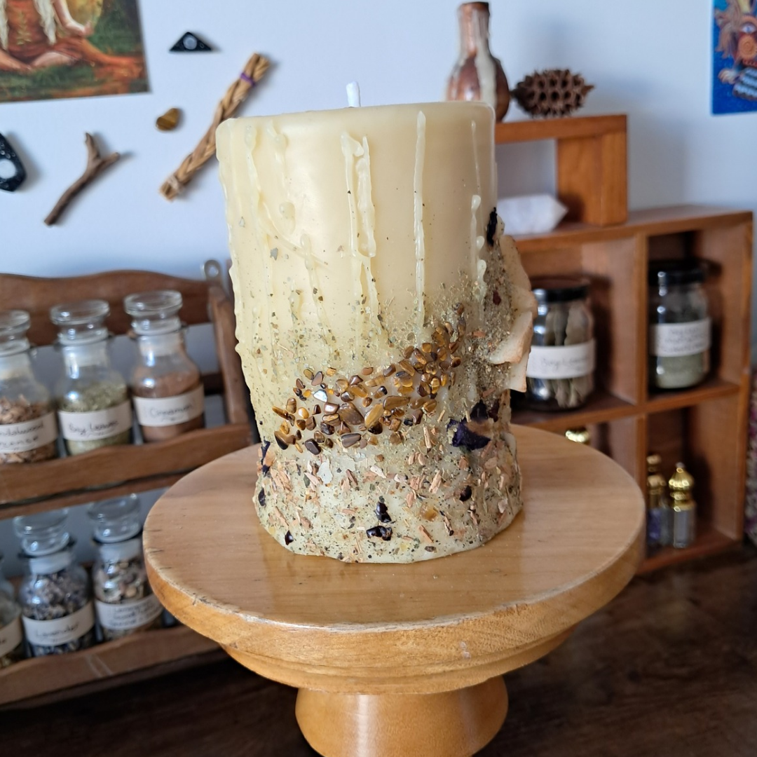 'Dragonfly' with Labradorite Medium Beeswax Pillar Candle | The Mystic's Forest