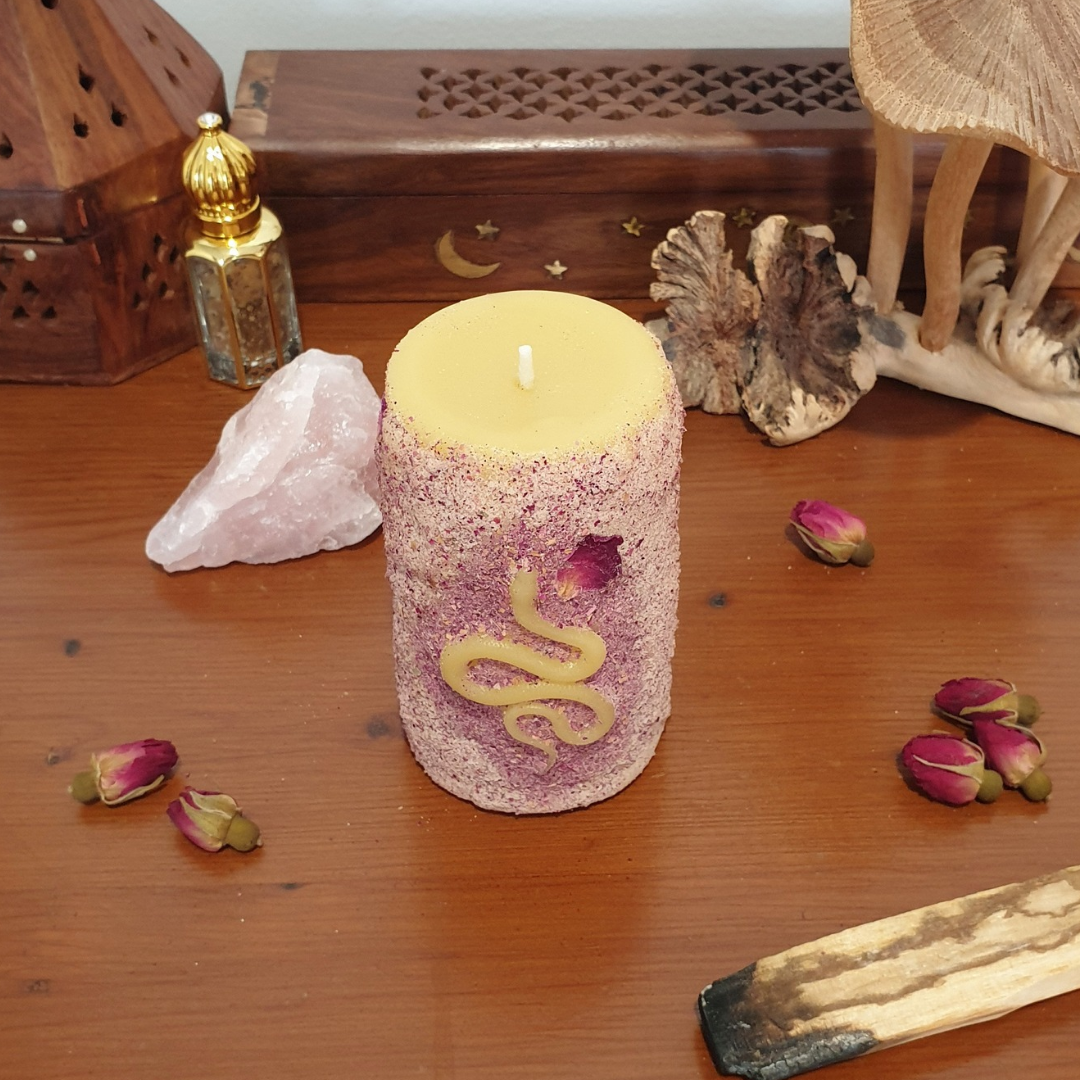 'Rose Serpent' Small Pillar Beeswax Candle | 25 Hrs ♡ One-of-a-kind