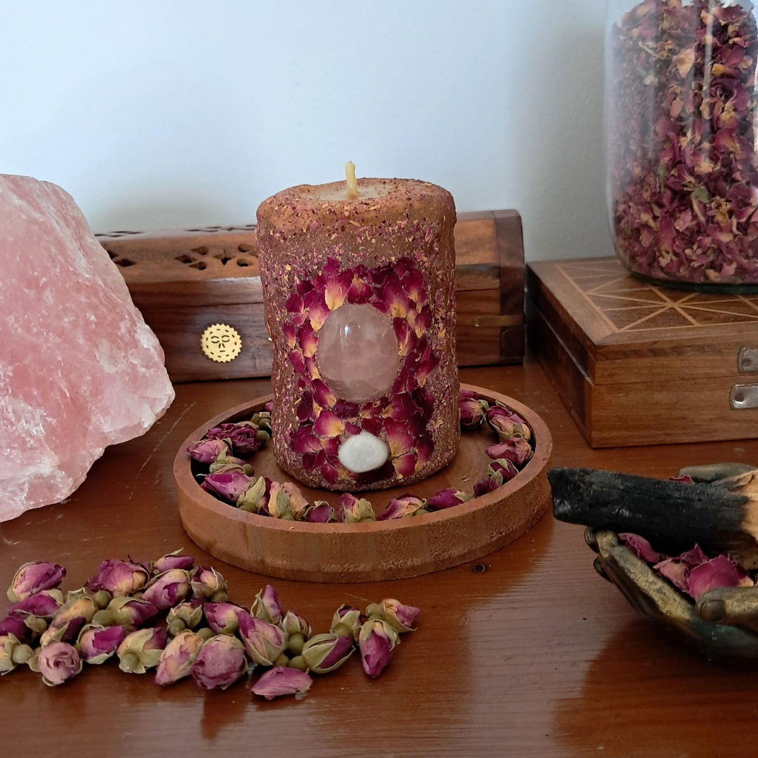 Small Rose Petal Beeswax Candle With Rose Quartz & Moonstone ♡ Sacred Rose