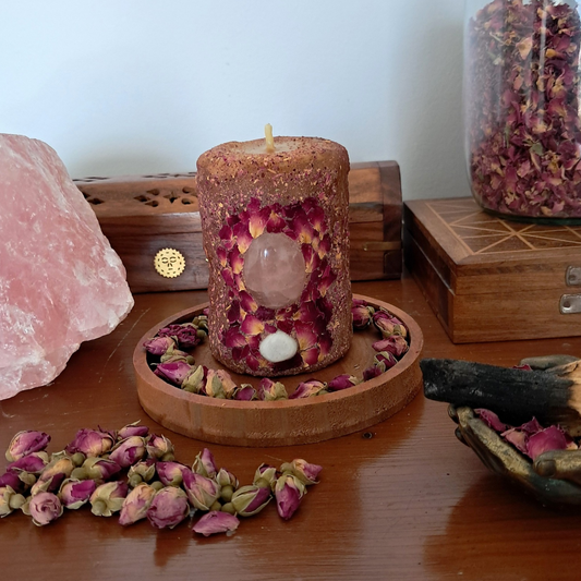 Small Rose Petal Beeswax Candle With Rose Quartz & Moonstone ♡ Sacred Rose