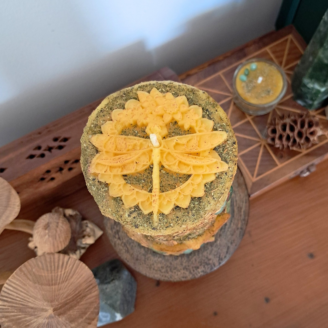 'Mandala Dragonfly' Medium Beeswax Pillar Candle | The Mystic's Forest