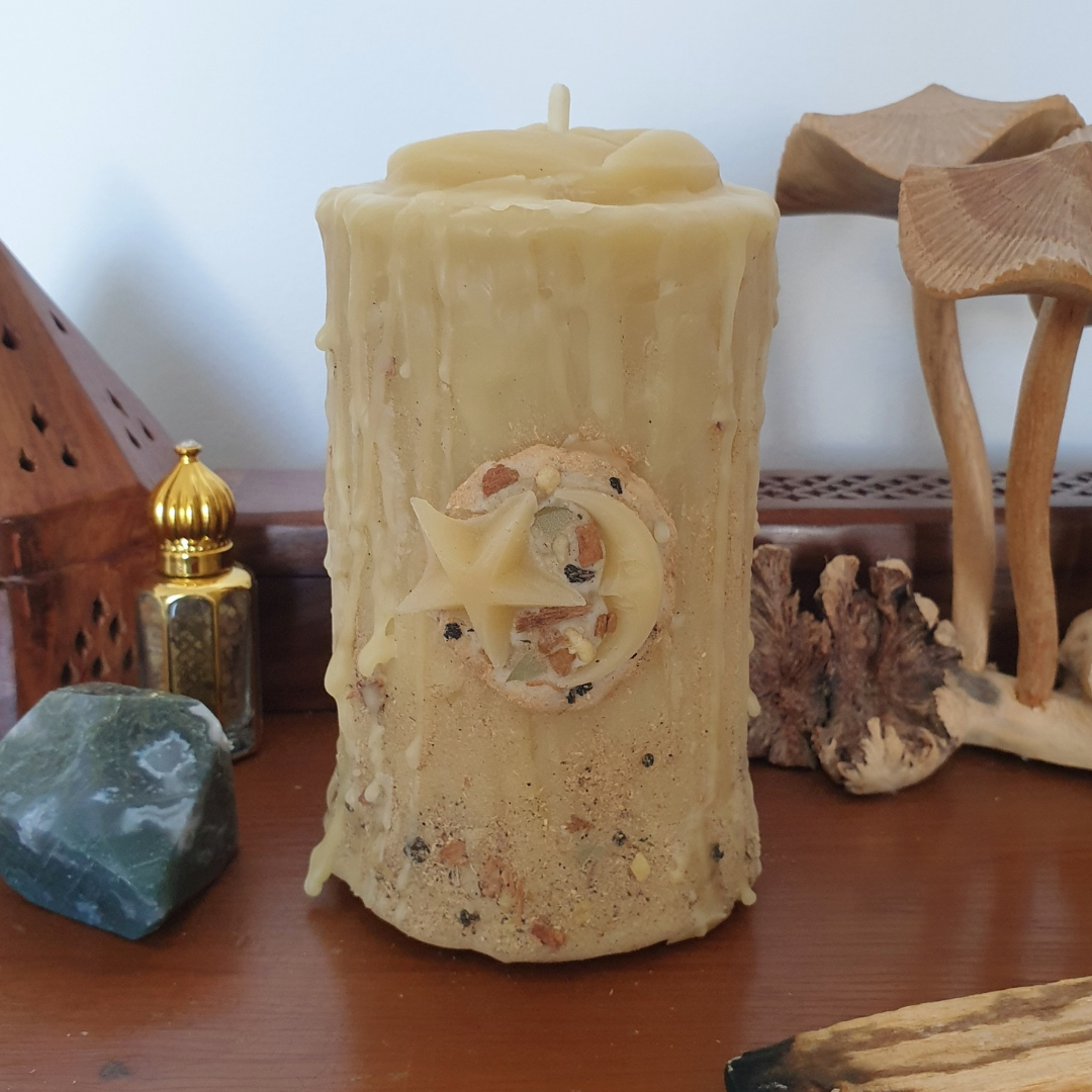 'Celestial Earth' Medium Beeswax Pillar Candle with Herbs & Resins | 70 hrs