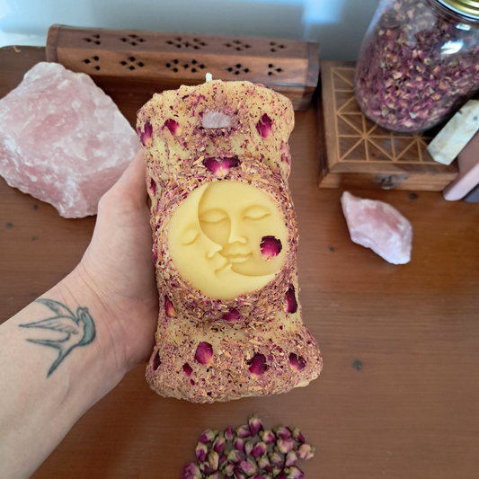 Sun/Moon Beeswax Pillar Candle ♡ Sacred Rose with tiny Rose Quartz