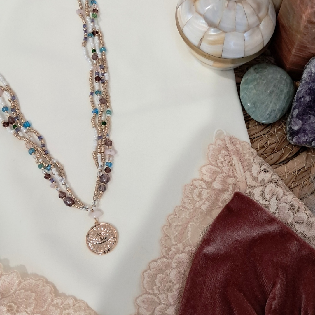 'Eclectic Charm' Beaded Necklace with 14k Gold-plated Evil Eye Pendant