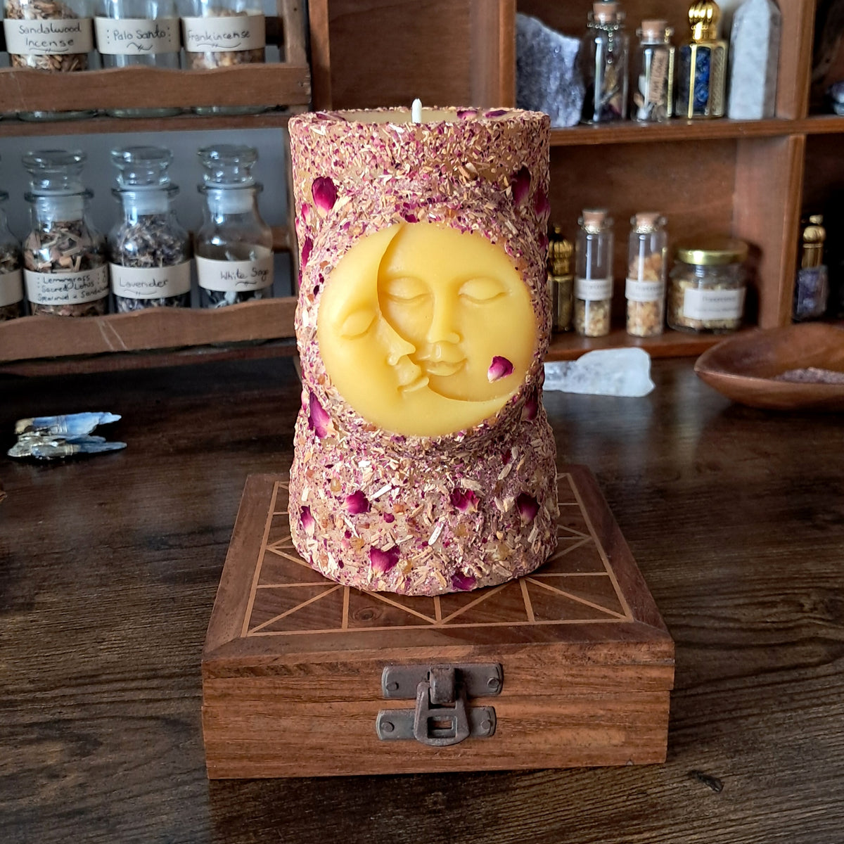 Sun & Moon Beeswax Pillar Candle | Palo Santo, WA Sandalwood, Rose, Frankincense & Myrrh