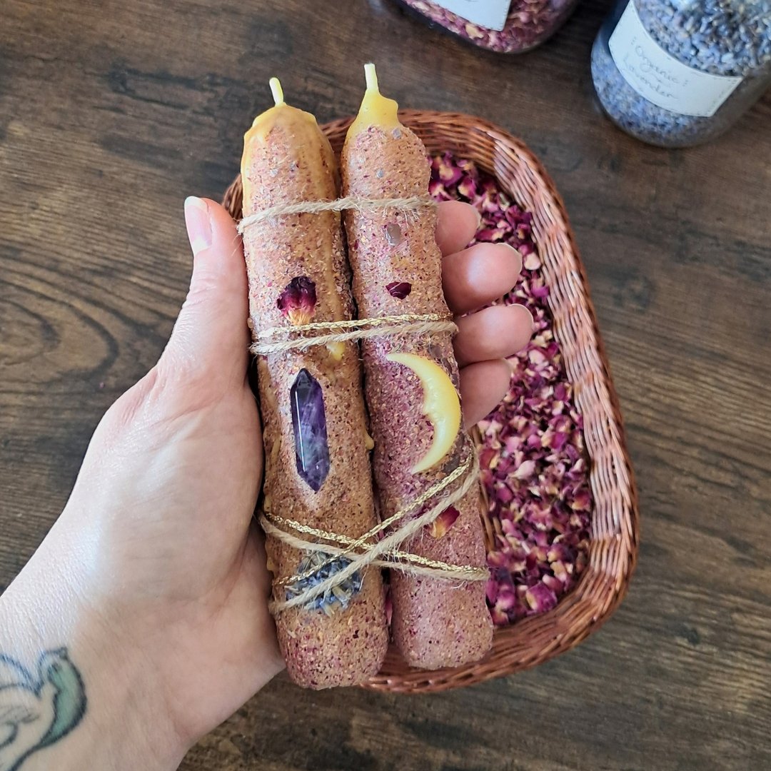 'Lavender Dreams' ♡ Taper Beeswax Candles with Amethyst (Pair) ♡ One-of-a-kind