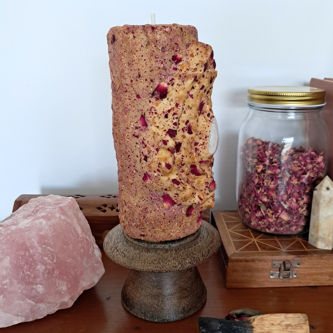 Large Yoni Beeswax Candle with Rainbow Moonstone ♡ Sacred Rose