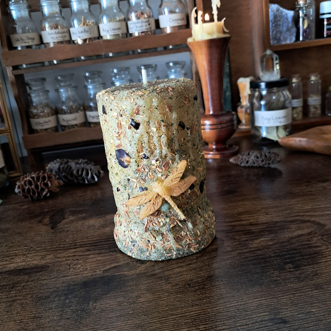 Dragonfly Beeswax Pillar Candle | The Mystic's Forest