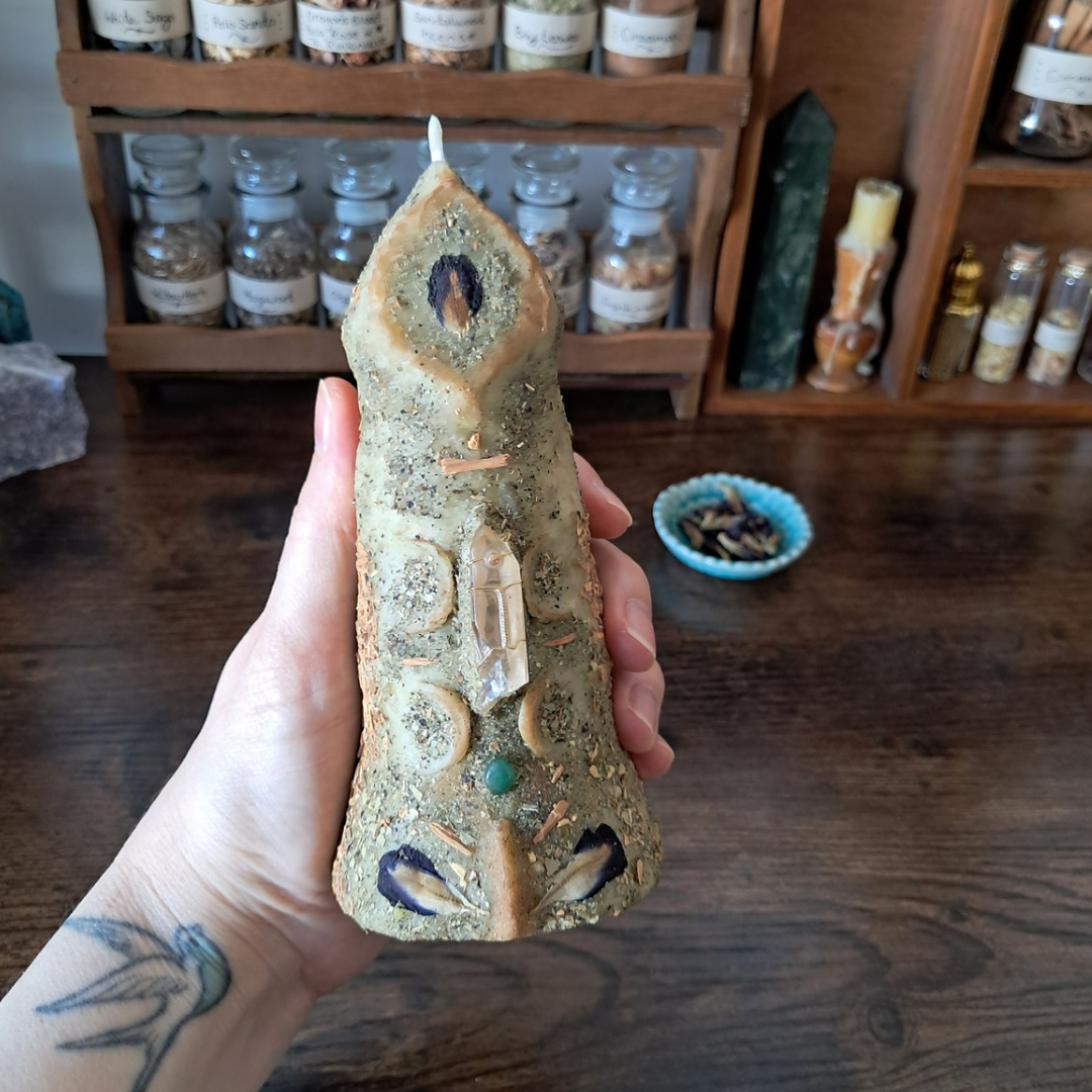 'Guardian of the Mystic’s Forest' Beeswax Candle with Lemurian Quartz #1