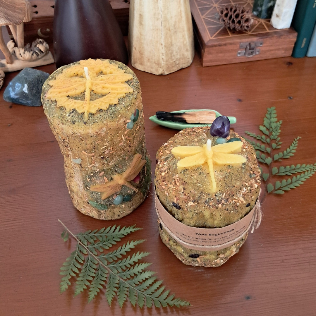 'Dragonfly' Amethyst Medium Beeswax Pillar Candle | The Mystic's Forest