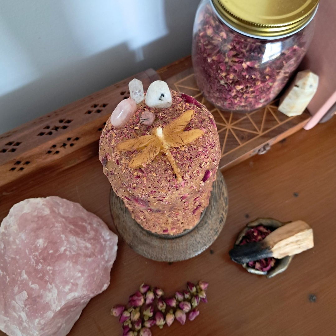 Large Dragonfly Beeswax Candle with Gemstones ♡ Sacred Rose