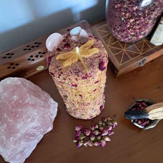 Extra Large Dragonfly Beeswax Candle with Gemstones ♡ Sacred Rose