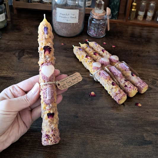 'Moonlit Meadow' Beeswax Taper Candle 21cm (Single) with Rose Quartz & Pink Tourmaline