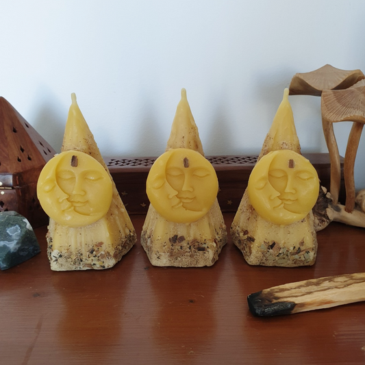 'Celestial Earth' Beeswax Pyramid Moon Candle with Herbs & Resins