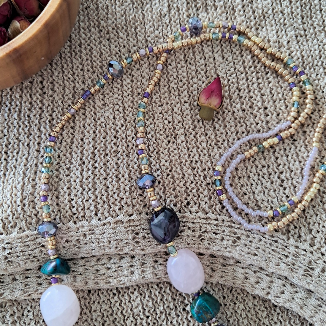 Rose Quartz, Amethyst & Turquoise Bead Necklace | One-of-a-kind