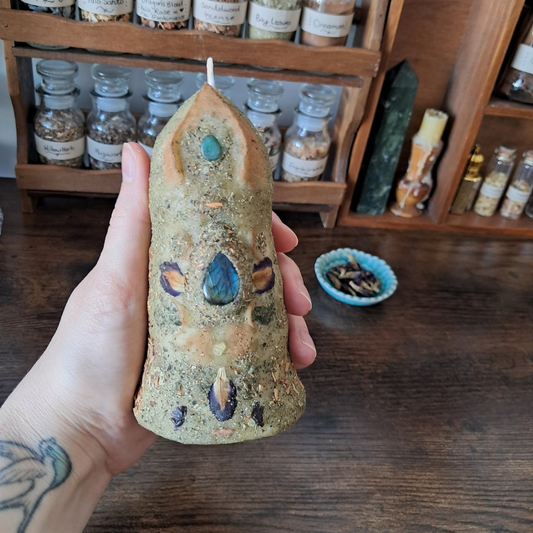 'Guardian of the Mystic’s Forest' Beeswax Candle with Lemurian Quartz & Labradorite #4