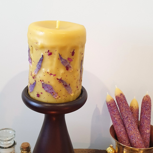 Beeswax Pillar Candle with Blue Lotus & Rose | 60+ hrs