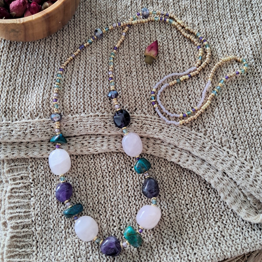 Rose Quartz, Amethyst & Turquoise Bead Necklace | One-of-a-kind