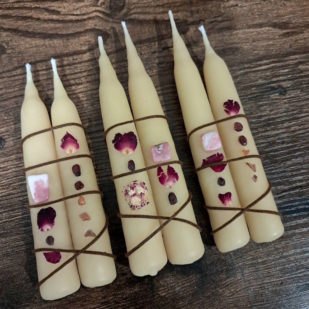 Mini Beeswax Taper Candles (Pair) ♡ with Rhodonite & Garnet Gemstones
