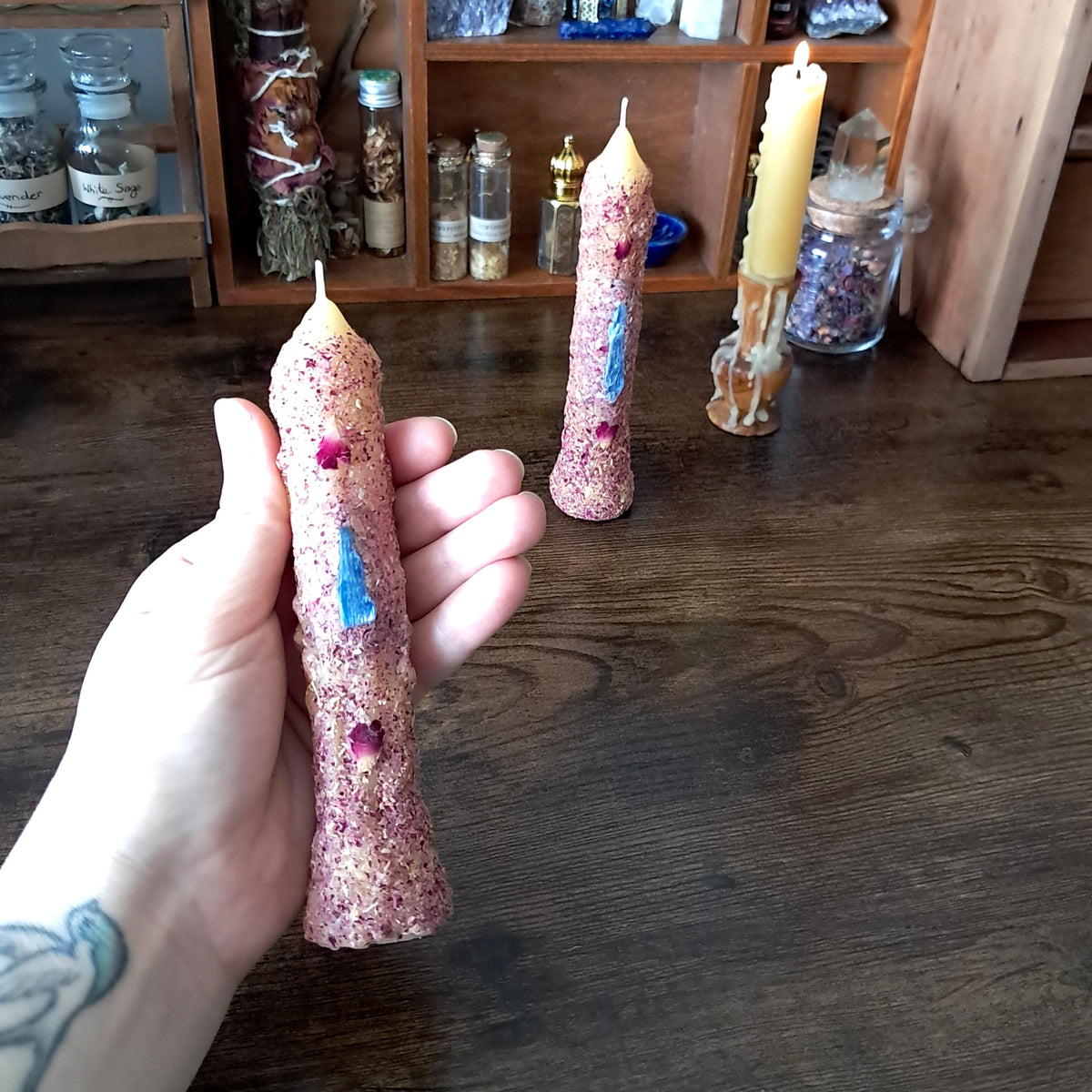 Kyanite & Rose | Beeswax Taper Candle