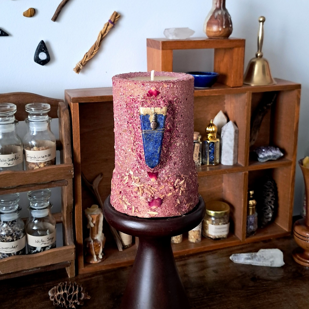Lapis Lazuli & Rose | Beeswax Pillar Candle