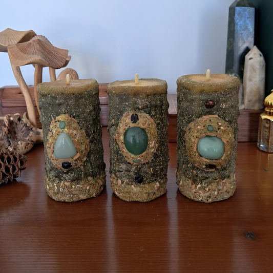 'Aventurine Gemstone' Small Beeswax Pillar Candle | The Mystic's Forest