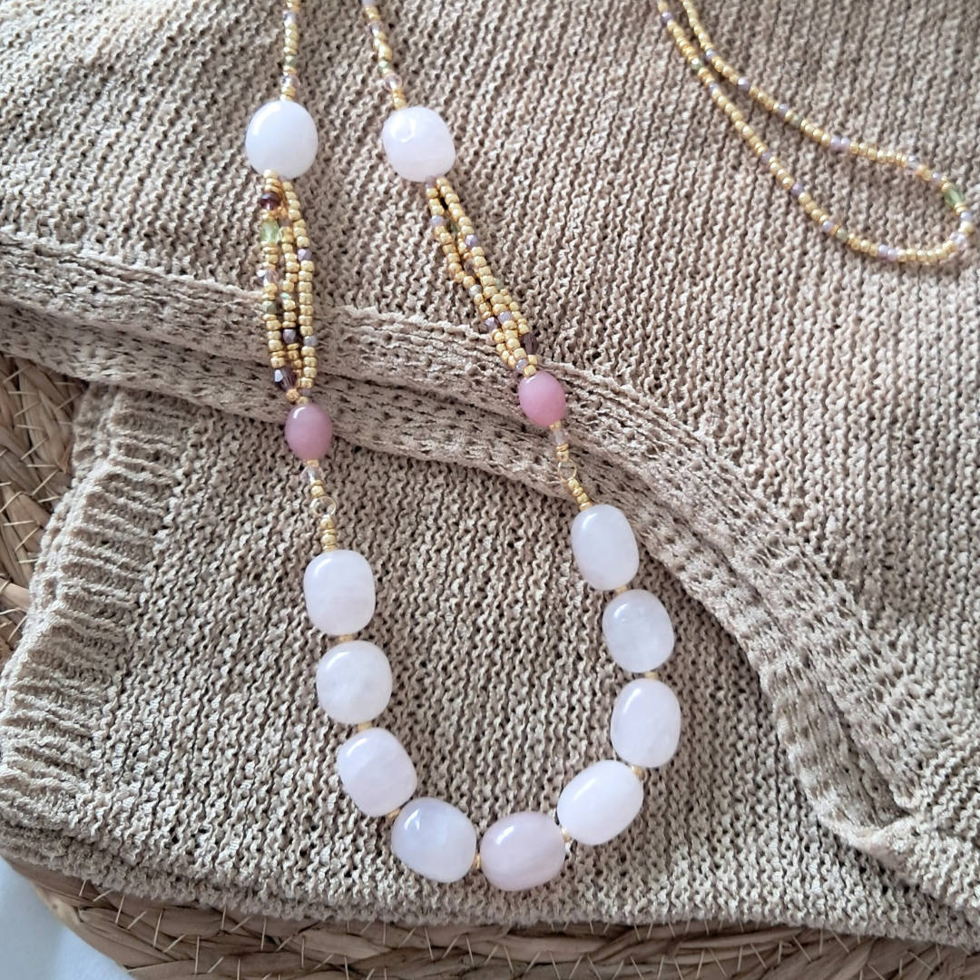 Celestial Rose Quartz Beaded Necklace | One-of-a-kind