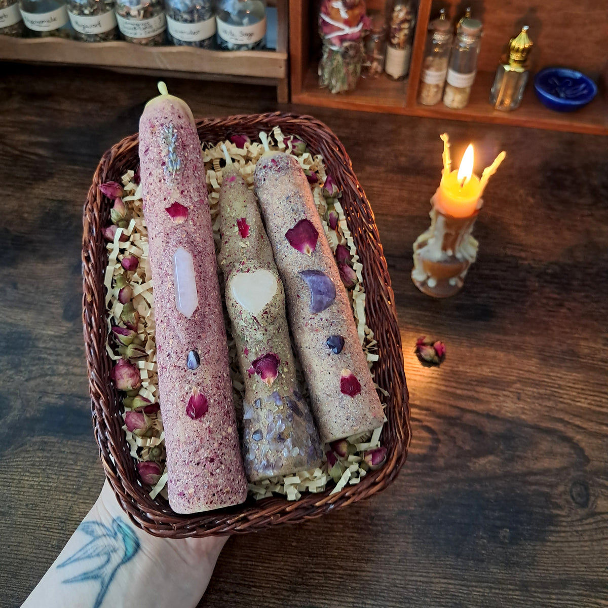 Rose & Lavender Beeswax Taper Candle Trio | with Rose Quartz & Amethyst