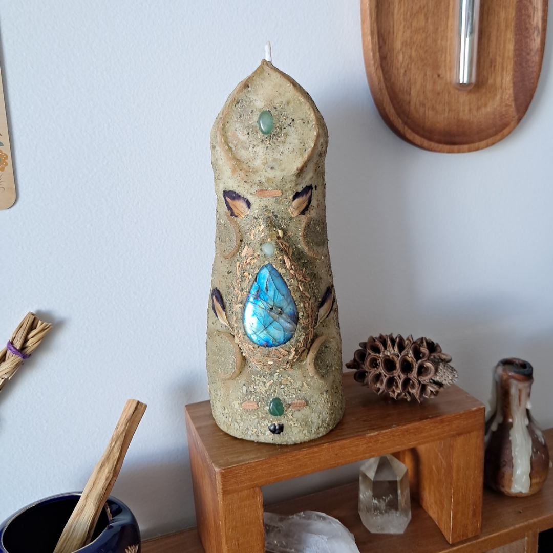'Guardian of the Mystic’s Forest' Beeswax Candle with Labradorite #5