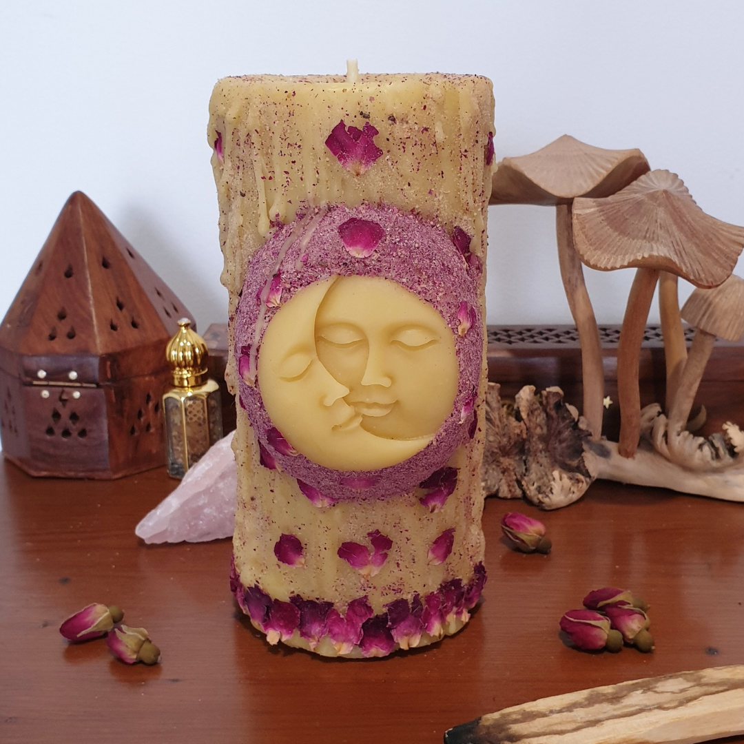 'Rose Mystic Moon' Beeswax Large Pillar Candle | 110+ hrs ♡ One-of-a-Kind