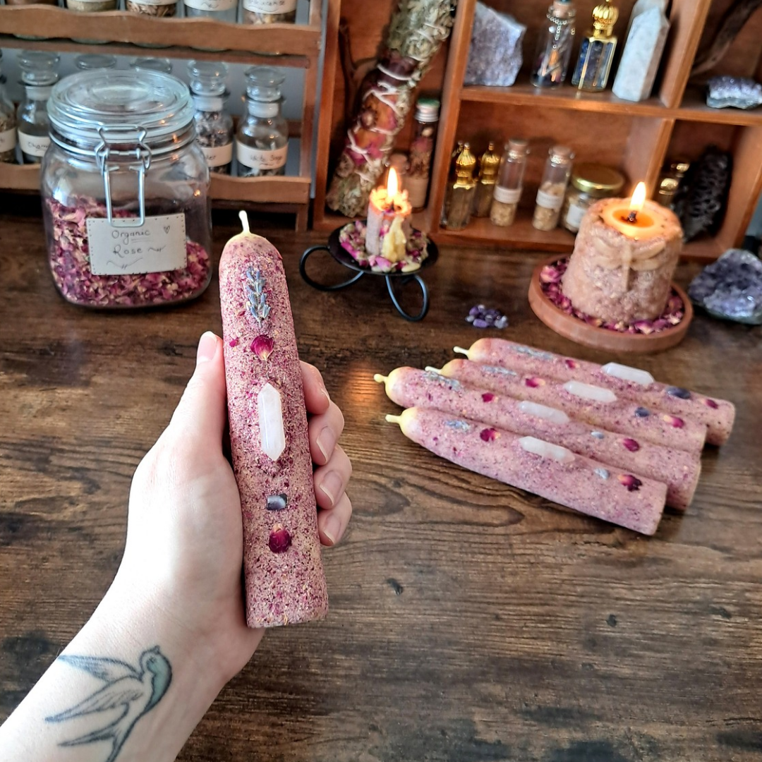 Rose & Lavender Beeswax Taper Candle | with Rose Quartz