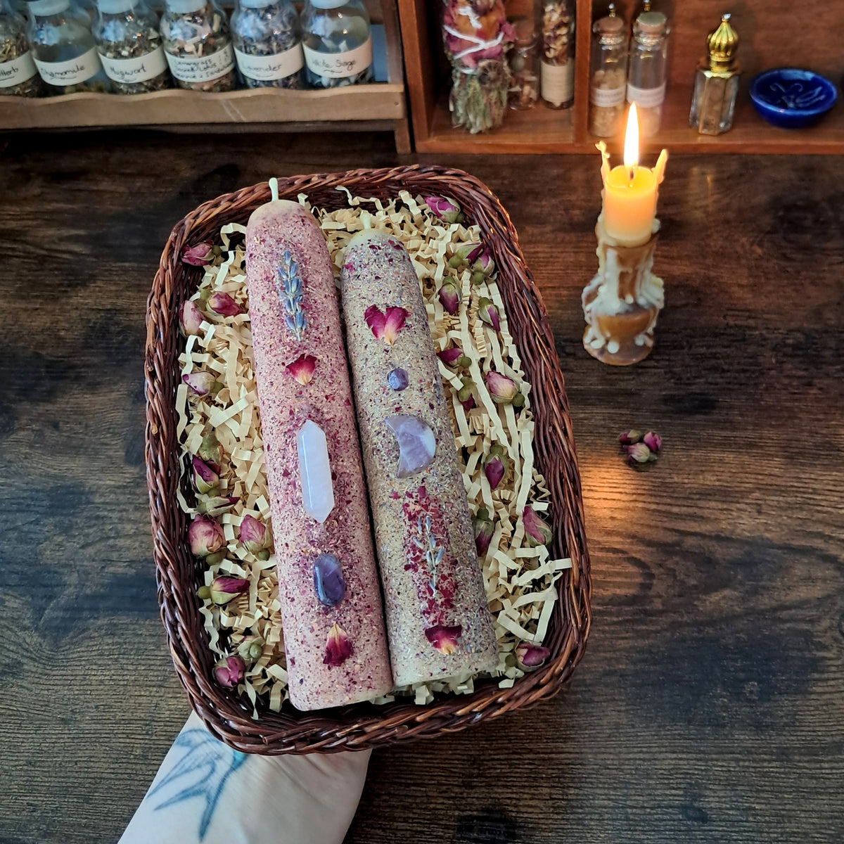 Rose & Lavender Beeswax Taper Candle Duo | with Rose Quartz & Amethyst