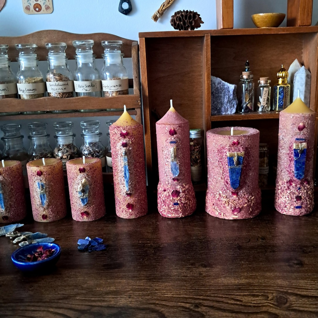 Kyanite & Rose Beeswax Pillar Candle | One-of-a-kind