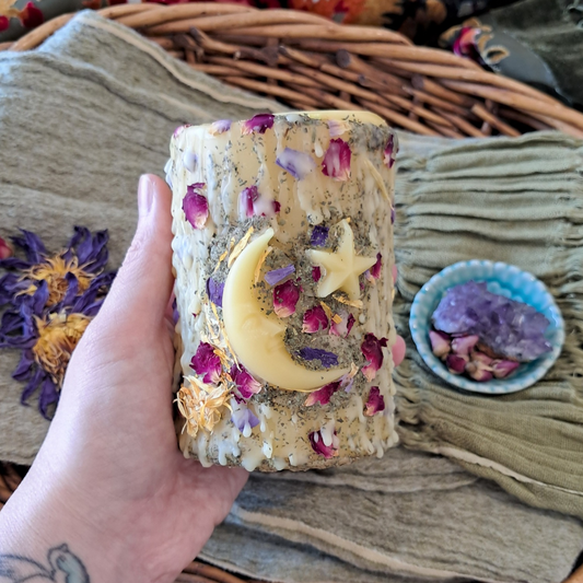 'Lunar Bloom' Beeswax Pillar Candle ♡ Medium | 60+ hrs