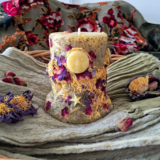 'Lunar Bloom' Full Moon Beeswax Pillar Candle ♡ Medium | 60+ hrs