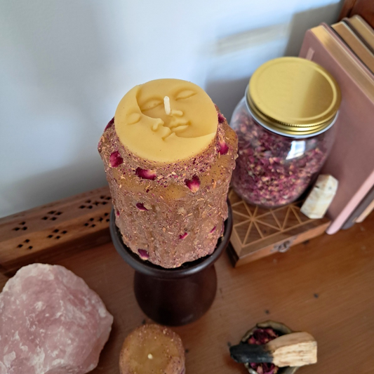 Medium Sun/Moon Sandalwood Beeswax Candle ♡ Sacred Rose
