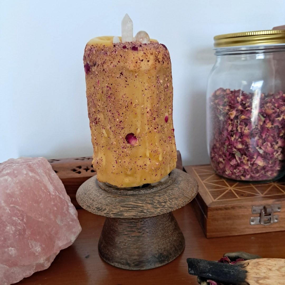 Medium Crescent Moon Beeswax Candle with Gemstones ♡ Sacred Rose