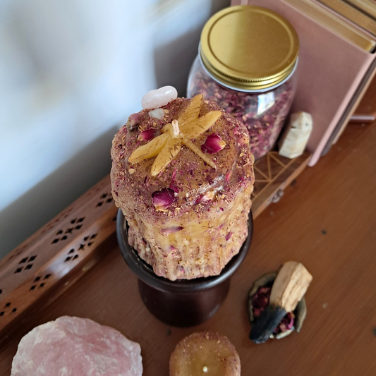 Medium Dragonfly Beeswax Candle with Gemstones ♡ Sacred Rose