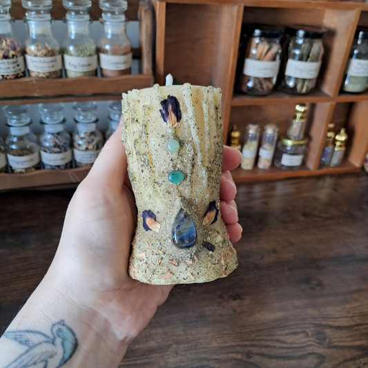 Small Beeswax Pillar Candle with a Teardrop Labradorite & Green Aventurine | The Mystic's Forest