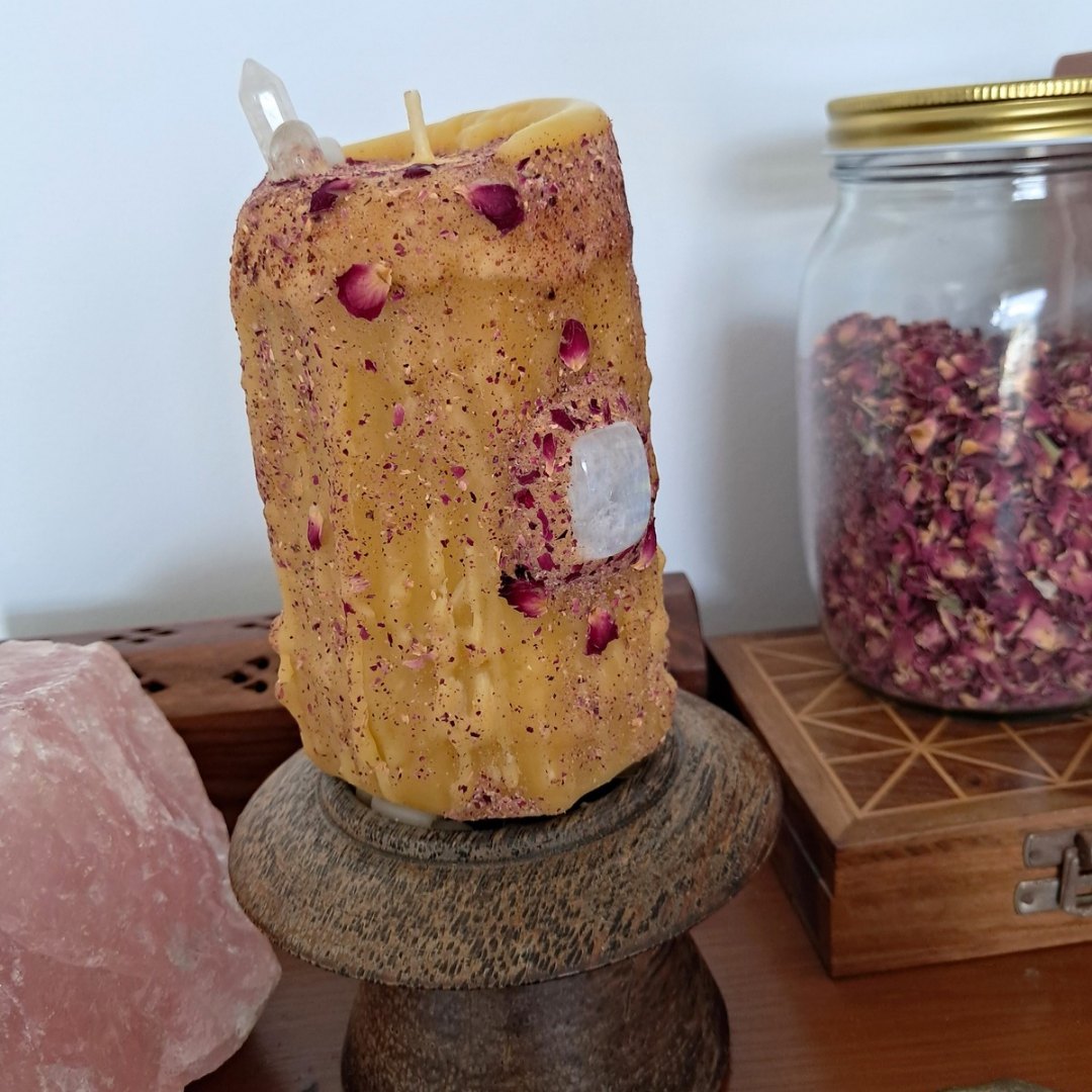 Medium Crescent Moon Beeswax Candle with Gemstones ♡ Sacred Rose