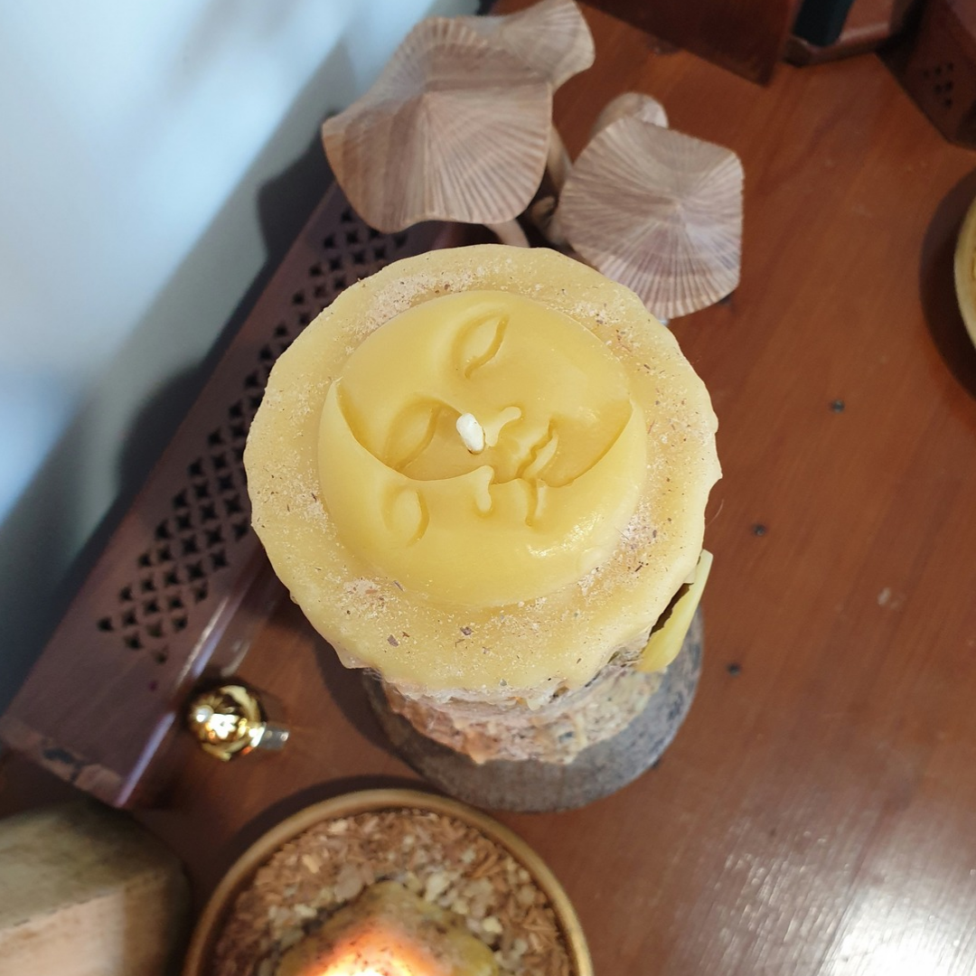 'Celestial Earth' Large Beeswax Pillar & Moon Pyramid ♡ 2 Candle Set