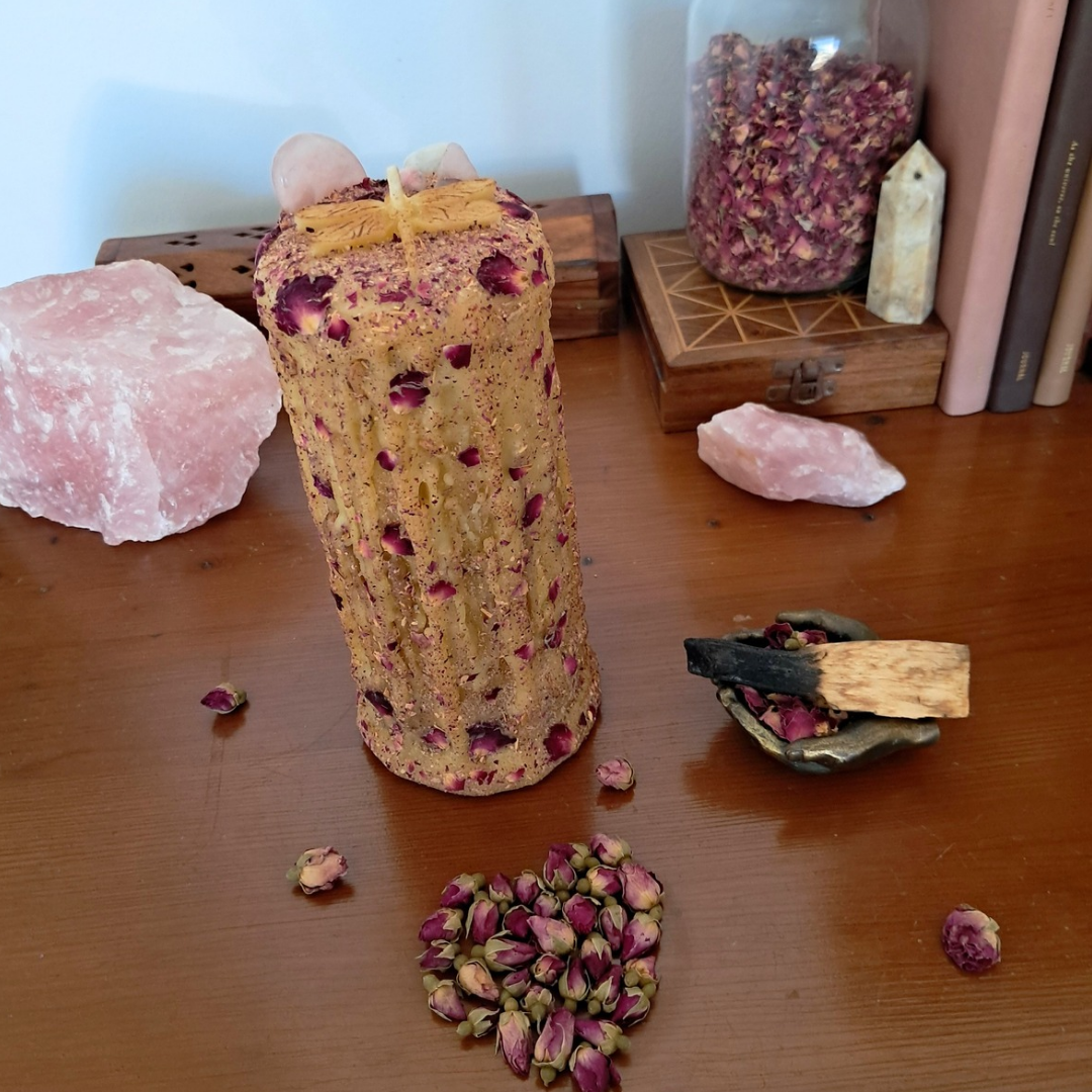 Extra Large Dragonfly Beeswax Candle with Gemstones ♡ Sacred Rose