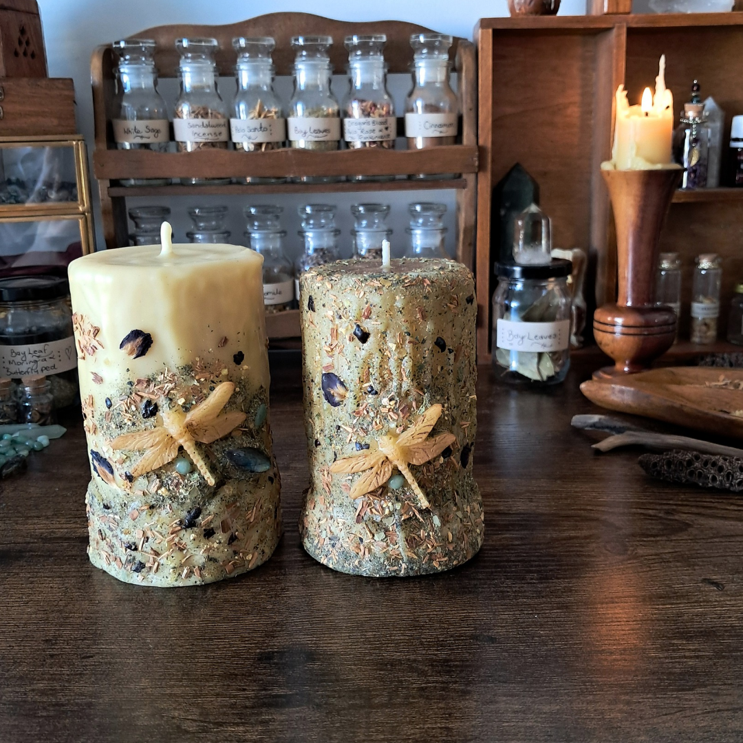 Dragonfly Beeswax Pillar Candle | The Mystic's Forest
