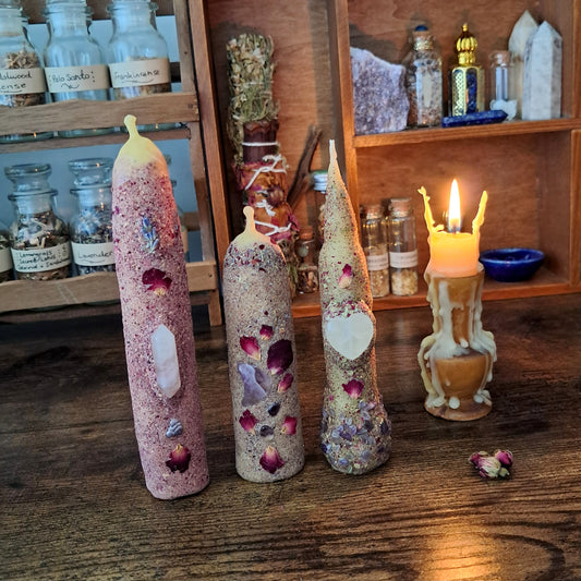 Rose & Lavender Beeswax Taper Candle Trio | with Rose Quartz & Amethyst