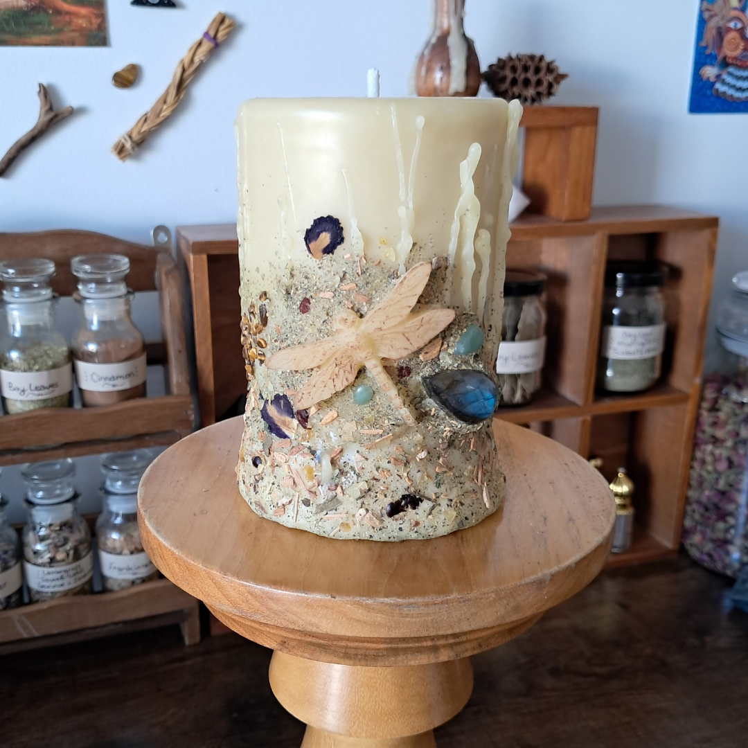 'Dragonfly' with Labradorite Medium Beeswax Pillar Candle | The Mystic's Forest
