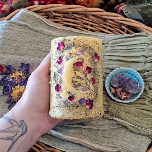 'Lunar Bloom' Cresent Moon Beeswax Pillar Candle ♡ Medium | 60+ hrs