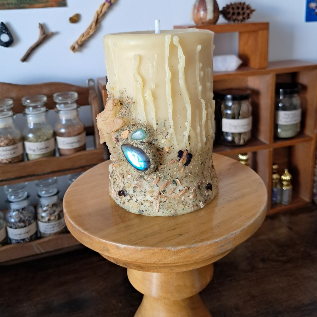 'Dragonfly' with Labradorite Medium Beeswax Pillar Candle | The Mystic's Forest