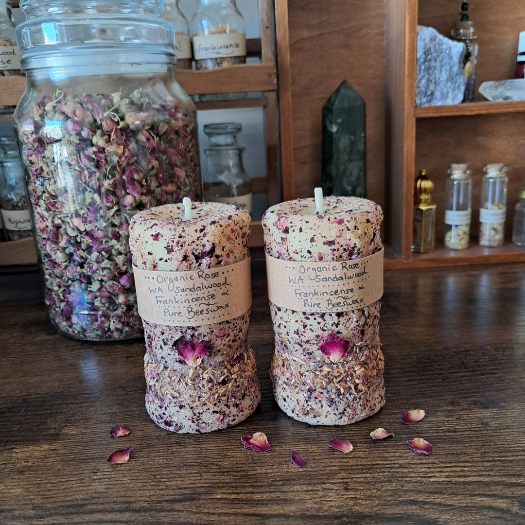 Rose, Frankincense & WA Sandalwood ♡ Small Beeswax Pillar